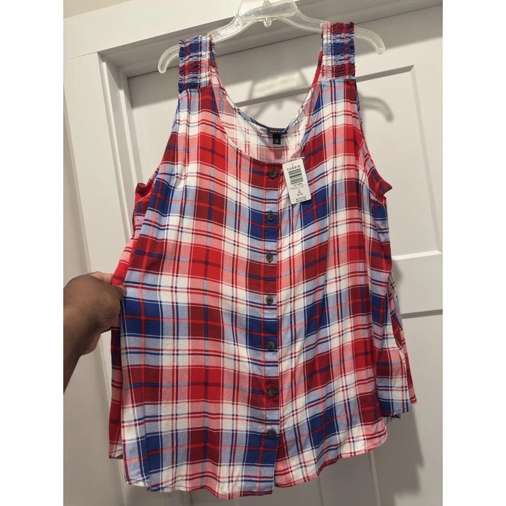 Torrid 3X Slub Button Front Tank Plaid Rayon Red White Blue ( 22-24) Top - Picture 2 of 6